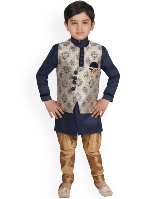 

SG YUVRAJ Boys Navy Blue Solid Layered Raw Silk Kurta With Churidar & Waistcoat