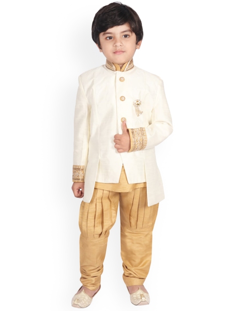 

SG YUVRAJ Boys Cream-Coloured Embroidered Layered Raw Silk With Churidar & Jacket