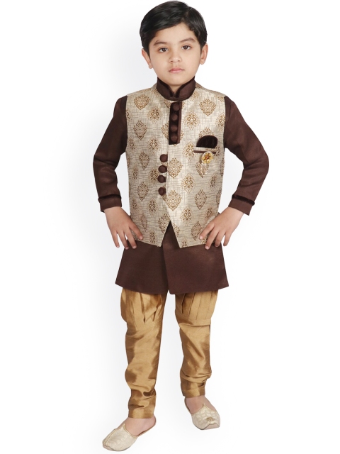 

SG YUVRAJ Boys Brown Layered Raw Silk Kurta With Churidar & Waistcoat