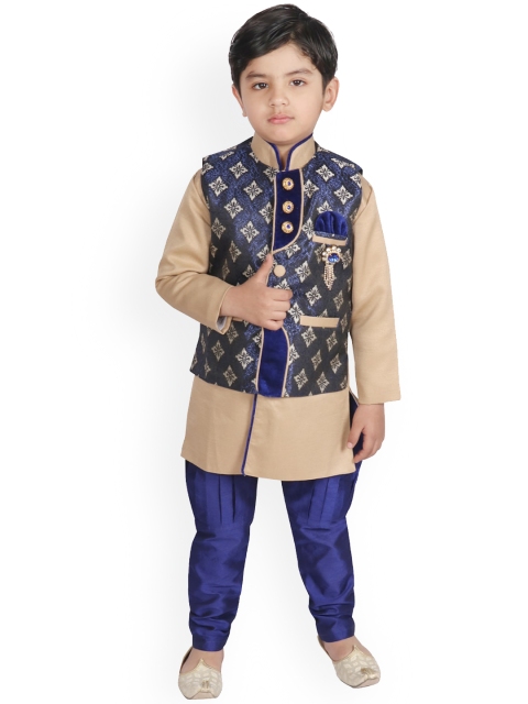 

SG YUVRAJ Boys Navy Blue Ethnic Motifs Raw Silk Kurta with Pyjamas