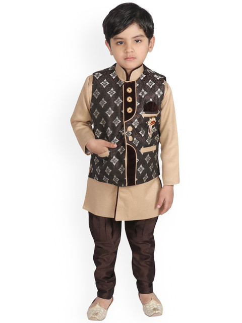 

SG YUVRAJ Boys Brown Solid Raw Silk Kurta With Pyjamas & Waistcoat
