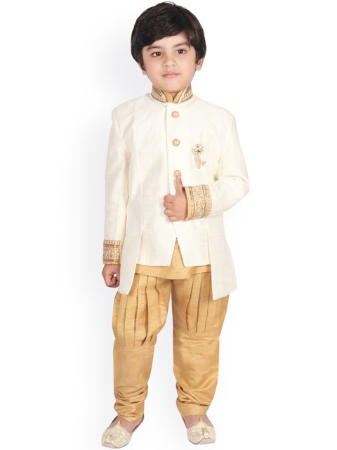 

SG YUVRAJ Boys Beige Solid Raw Silk Kurta With Churidar & Jacket