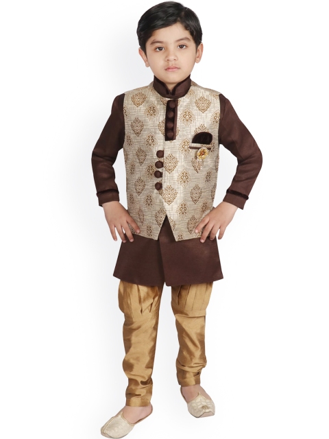 

SG YUVRAJ Boys Brown Solid Raw Silk Kurta With Churidar