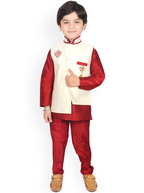 

SG YUVRAJ Boys Red Solid Raw Silk Kurta With Churidar & Waistcoat
