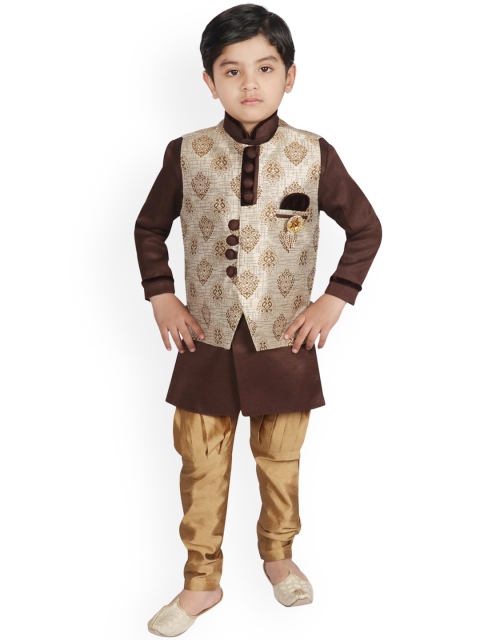 

SG YUVRAJ Boys Brown Solid Raw Silk Kurta With Churidar & Waistcoat