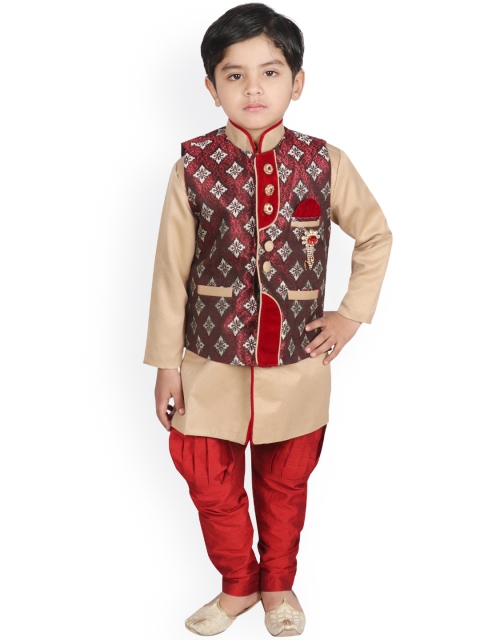 

SG YUVRAJ Boys Maroon Solid Raw Silk Kurta With Dhoti Pants & Waistcoat