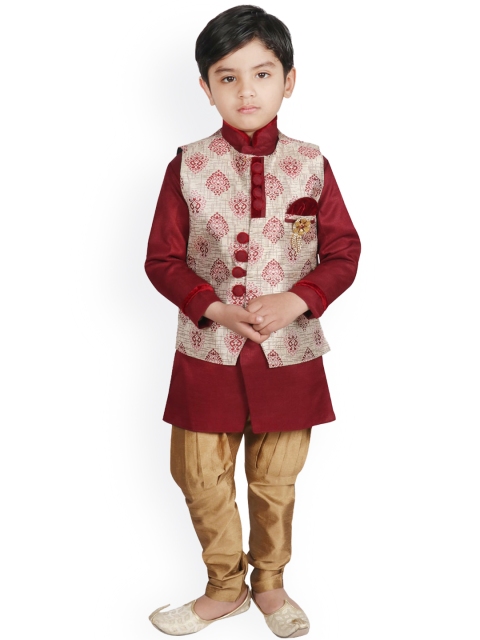 

SG YUVRAJ Boys Maroon Ethnic Motifs Raw Silk Kurta with Dhoti Pants