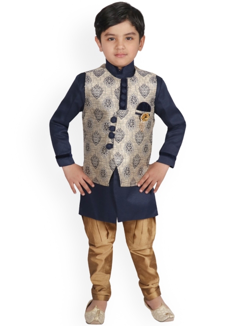 

SG YUVRAJ Boys Navy Blue Solid Raw Silk Kurta With Dhoti Pants With Waistcoat