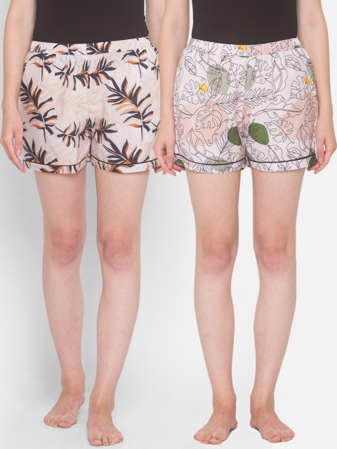 

FashionRack Women Pack Of 2 Beige & Green Printed Lounge Shorts