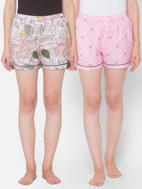 

FashionRack Set Of 2 Women Beige & Pink Printed Lounge Shorts