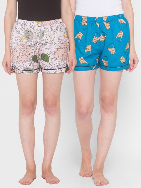 

FashionRack Women Beige & Blue Pack Of 2 Printed Lounge Shorts