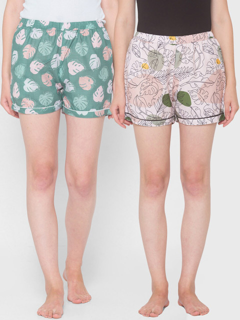 

FashionRack Women Pack Of 2 Beige & Green Printed Lounge Shorts