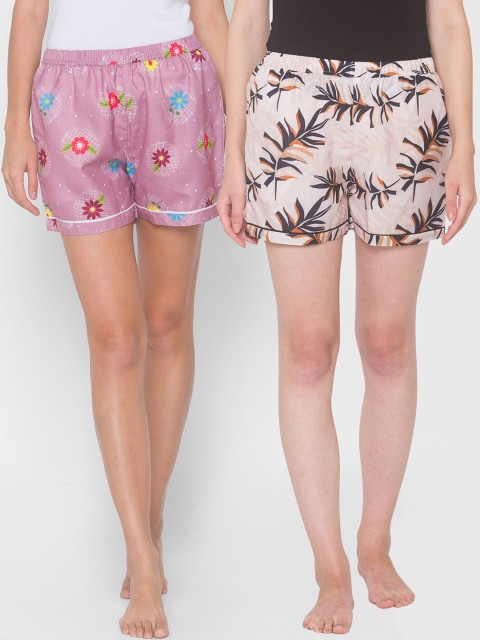 

FashionRack Women Pack Of 2 Beige & White Printed Lounge Shorts