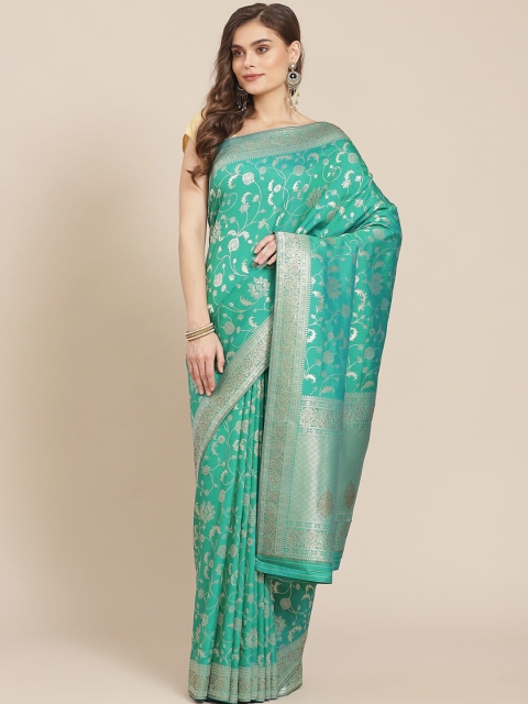 

Meena Bazaar Green & Silver Ethnic Motifs Zari Silk Blend Banarasi Saree