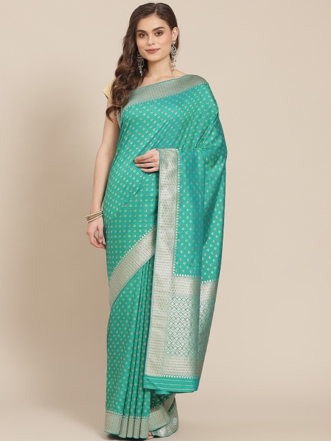 

Meena Bazaar Green & Silver-Toned Woven Design Zari Silk Blend Banarasi Saree