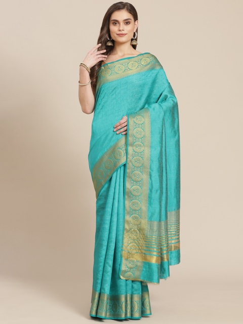 

Meena Bazaar Teal & Gold Zari Silk Blend Banarasi Saree