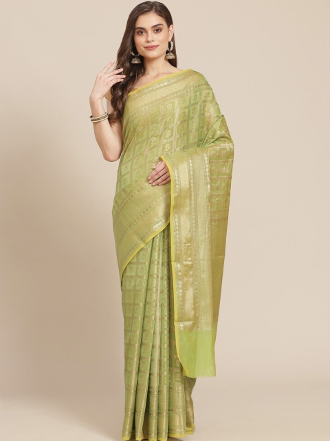 

Meena Bazaar Green & Gold-Toned Checked Zari Pure Cotton Banarasi Saree