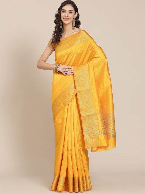 

Meena Bazaar Mustard & Gold-Toned Zari Silk Blend Banarasi Handloom Saree