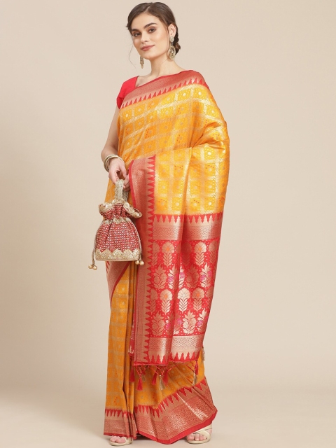 

Meena Bazaar Mustard & Red Woven Design Zari Silk Blend Bandhani Saree