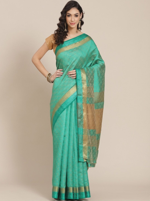 

Meena Bazaar Green & Gold-Toned Striped Zari Silk Blend Banarasi Saree
