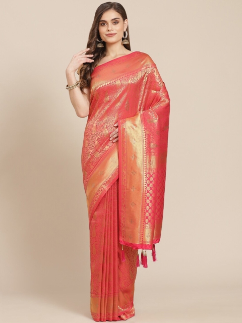 

Meena Bazaar Fuchsia & Gold-Toned Woven Design Zari Silk Blend Banarasi Saree