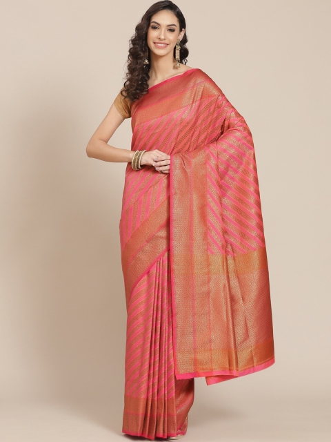 

Meena Bazaar Fuchsia & Gold-Toned Woven Design Zari Silk Blend Banarasi Handloom Saree