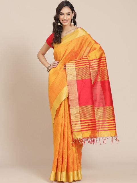 

Meena Bazaar Mustard Yellow & Pink Pure Silk Banarasi Saree