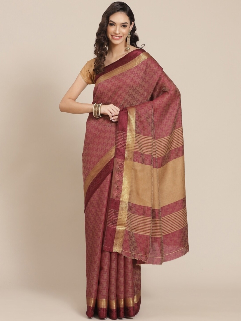 

Meena Bazaar Burgundy & Gold-Toned Woven Design Zari Silk Blend Banarasi Saree