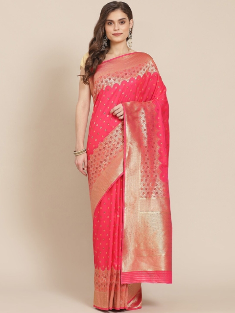 

Meena Bazaar Fuchsia & Gold-Toned Woven Design Zari Silk Blend Banarasi Saree