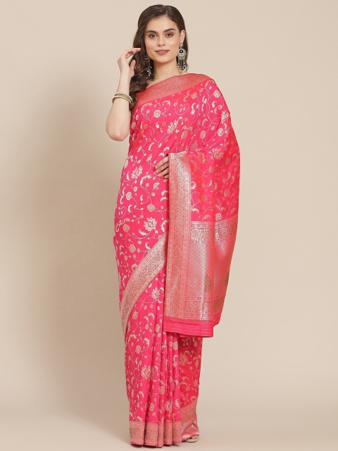 

Meena Bazaar Pink & Gold-Coloured Floral Zari Silk Blend Banarasi Saree