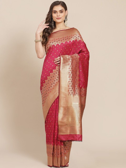 

Meena Bazaar Magenta & Gold-Toned Woven Design Zari Silk Blend Banarasi Saree