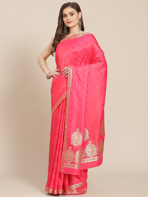 

Meena Bazaar Fuchsia & Gold-Toned Woven Design Zari Silk Blend Banarasi Saree