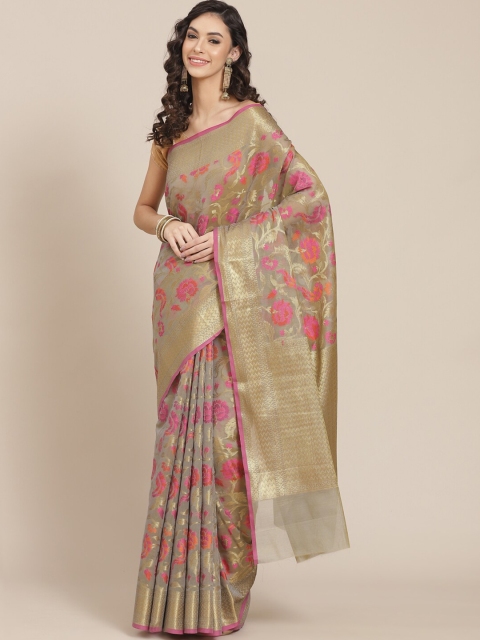 

Meena Bazaar Grey & Gold-Toned Woven Design Zari Pure Cotton Banarasi Saree