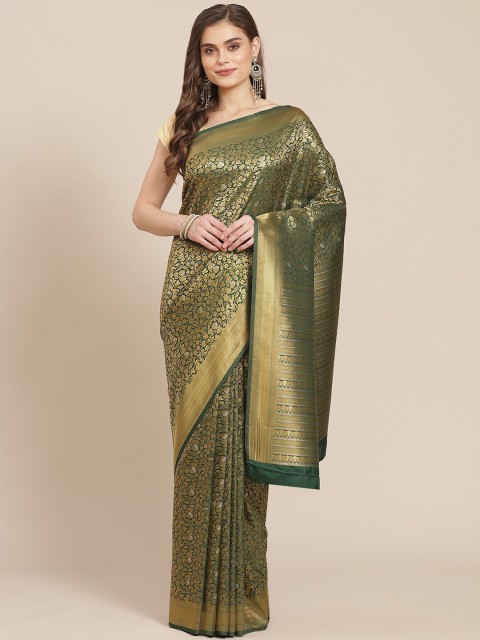 

Meena Bazaar Green & Gold-Toned Woven Design Zari Silk Blend Banarasi Saree