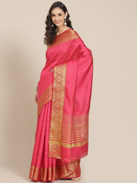 

Meena Bazaar Pink & Gold Woven Design Zari Silk Blend Banarasi Saree