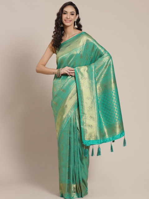 

Meena Bazaar Green & Gold-Toned Ethnic Motifs Zari Silk Blend Banarasi Saree