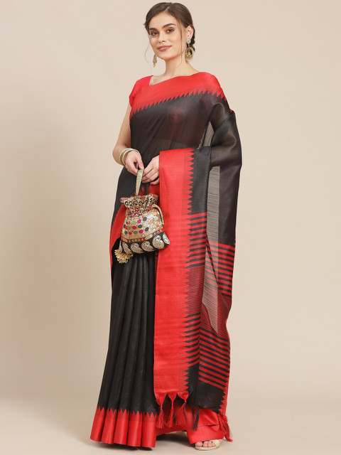 

Meena Bazaar Black & Red Silk Blend Banarasi Handloom Saree