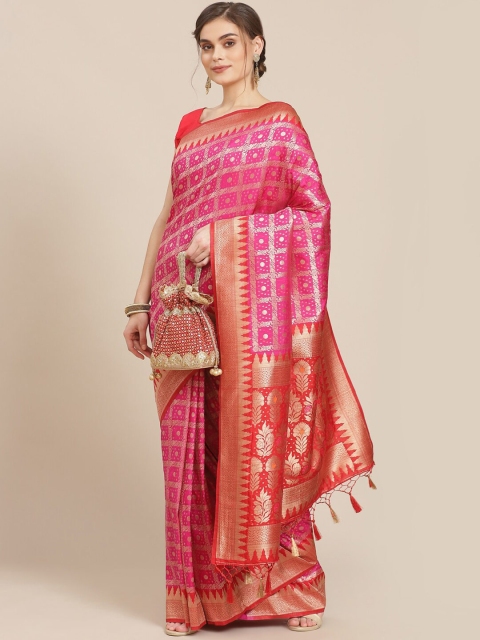 

Meena Bazaar Fuchsia Pink & Gold-Toned Woven Design Silk Blend Bandhani Saree