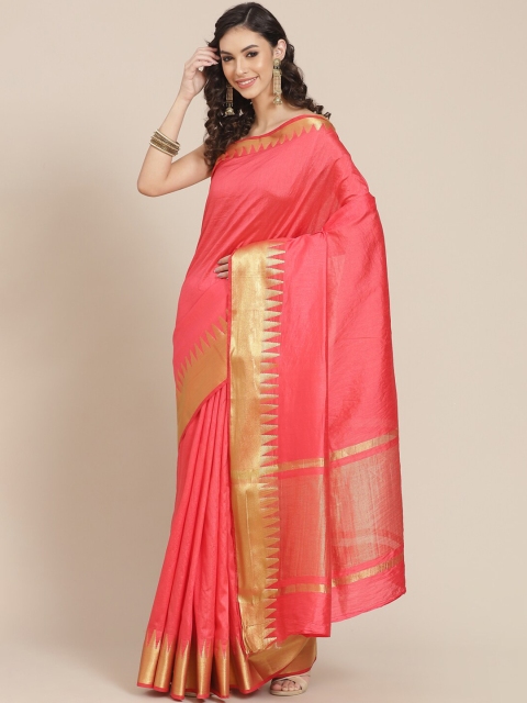 

Meena Bazaar Pink & Gold-Toned Zari Silk Blend Banarasi Handloom Saree