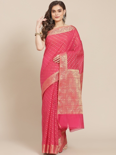 

Meena Bazaar Fuchsia & Gold-Toned Floral Zari Pure Cotton Banarasi Saree