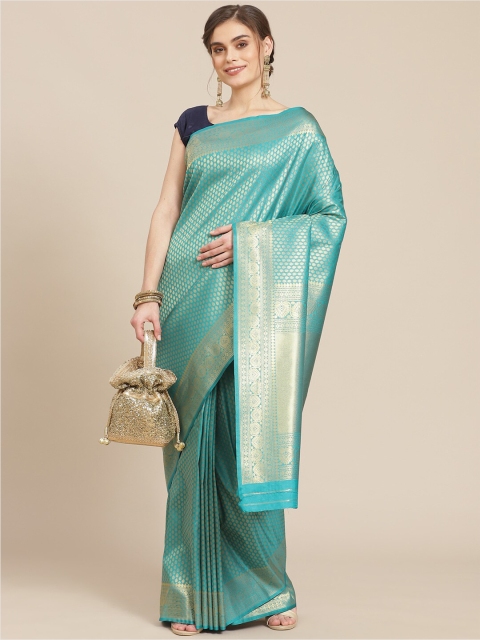 

Meena Bazaar Teal & Gold-Toned Ethnic Motifs Brocade Banarasi Saree