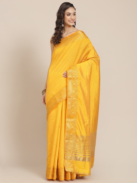

Meena Bazaar Mustard Yellow & Gold-Coloured Zari Silk Blend Banarasi Saree