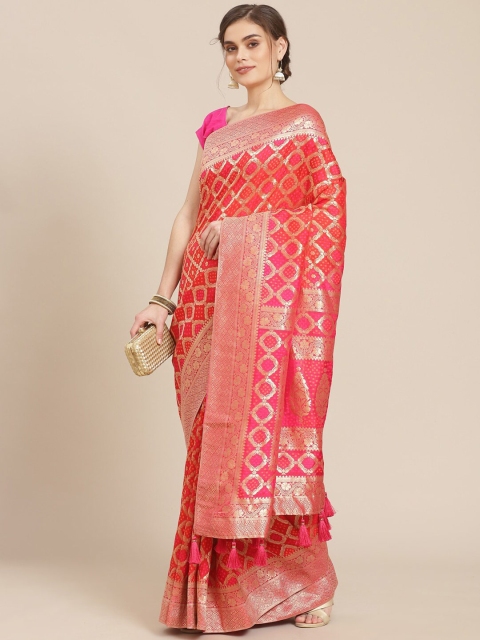 

Meena Bazaar Fuchsia & Gold Ethnic Motifs Zari Silk Blend Banarasi Saree