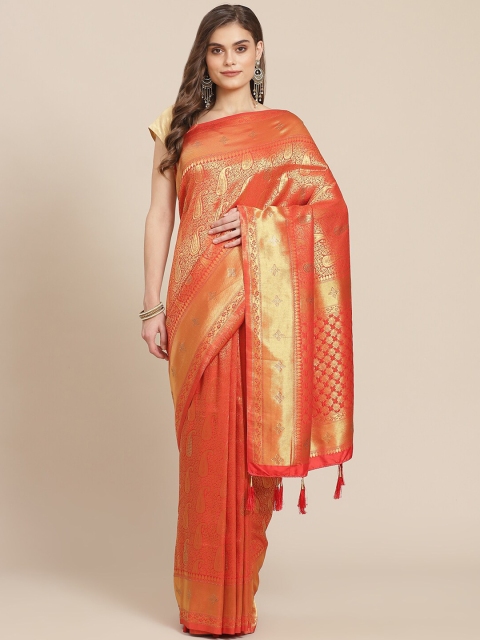 

Meena Bazaar Red & Gold-Toned Woven Design Zari Silk Blend Banarasi Saree