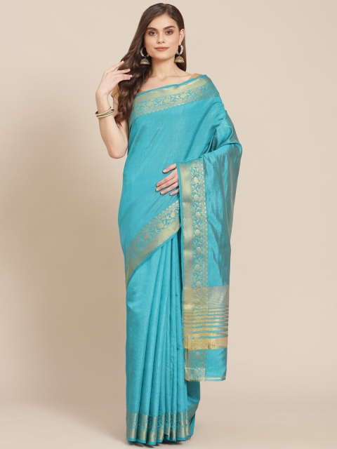 

Meena Bazaar Turquoise Blue & Gold-Toned Zari Silk Blend Banarasi Saree