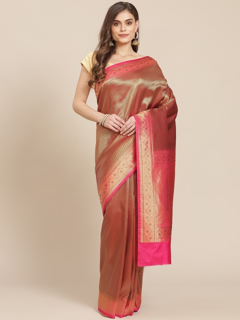 

Meena Bazaar Burgundy & Gold-Toned Woven Design Zari Silk Blend Banarasi Saree