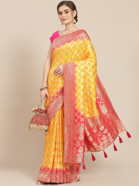 

Meena Bazaar Fuchsia & Red Woven Design Zari Silk Blend Banarasi Saree