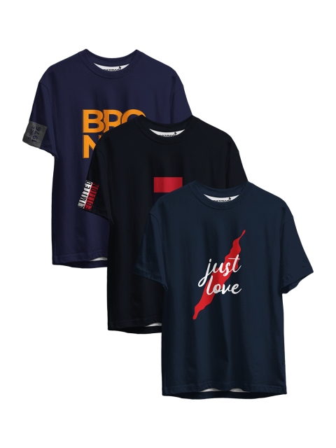 

mezmoda Boys Navy Blue & Black Typography 3 Printed T-shirt