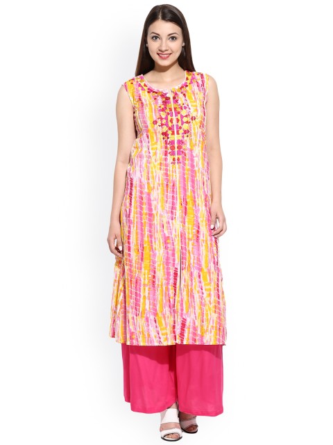 

Avaana Pink & Yellow Tie-Dyed A-Line Kurta