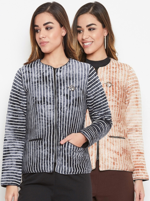 

armure Women Pack Of 2 Black & Beige Striped Lightweight Bomber Jackets